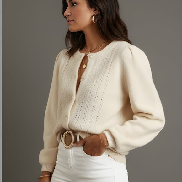 Round Neck Long Sleeve Button Front Cardigan White - Picture 3 of 5